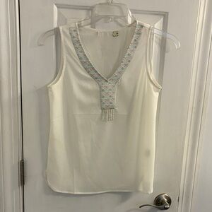Embroidered V-Neck Sleeveless Top - White